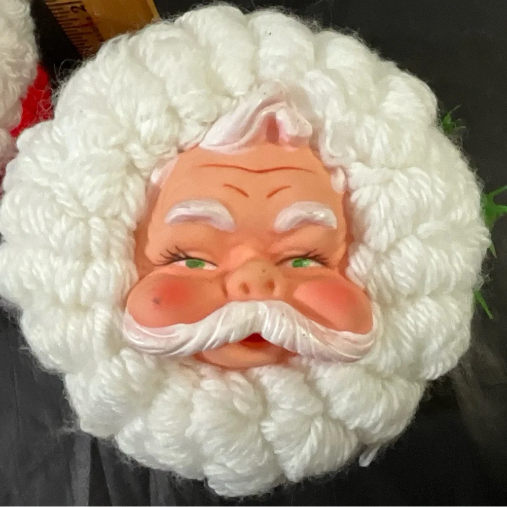 Vintage Set of 2 Handmade Santa and Mrs Claus Yarn Ornaments with Plastic Faces